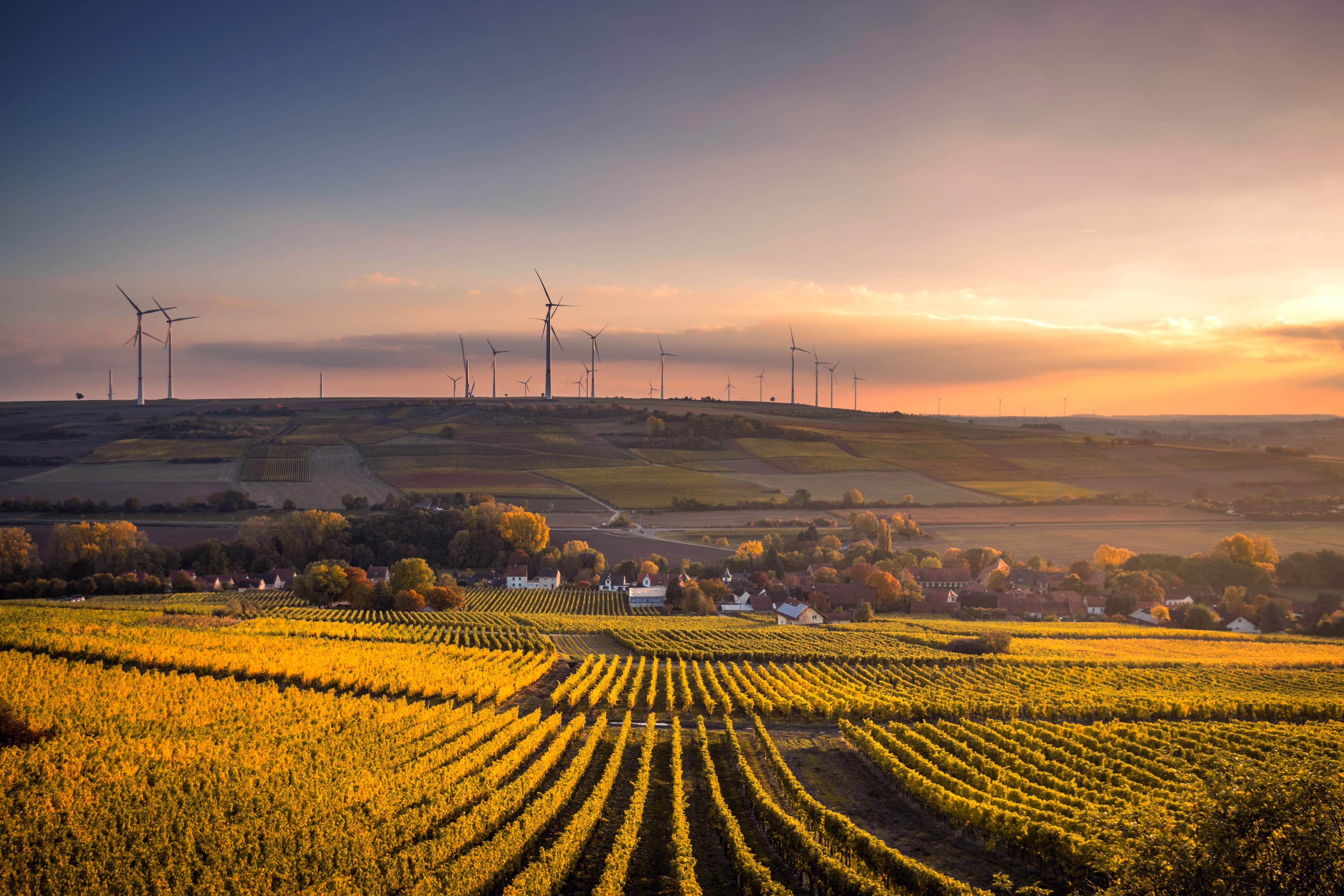 Wind turbines on green fields